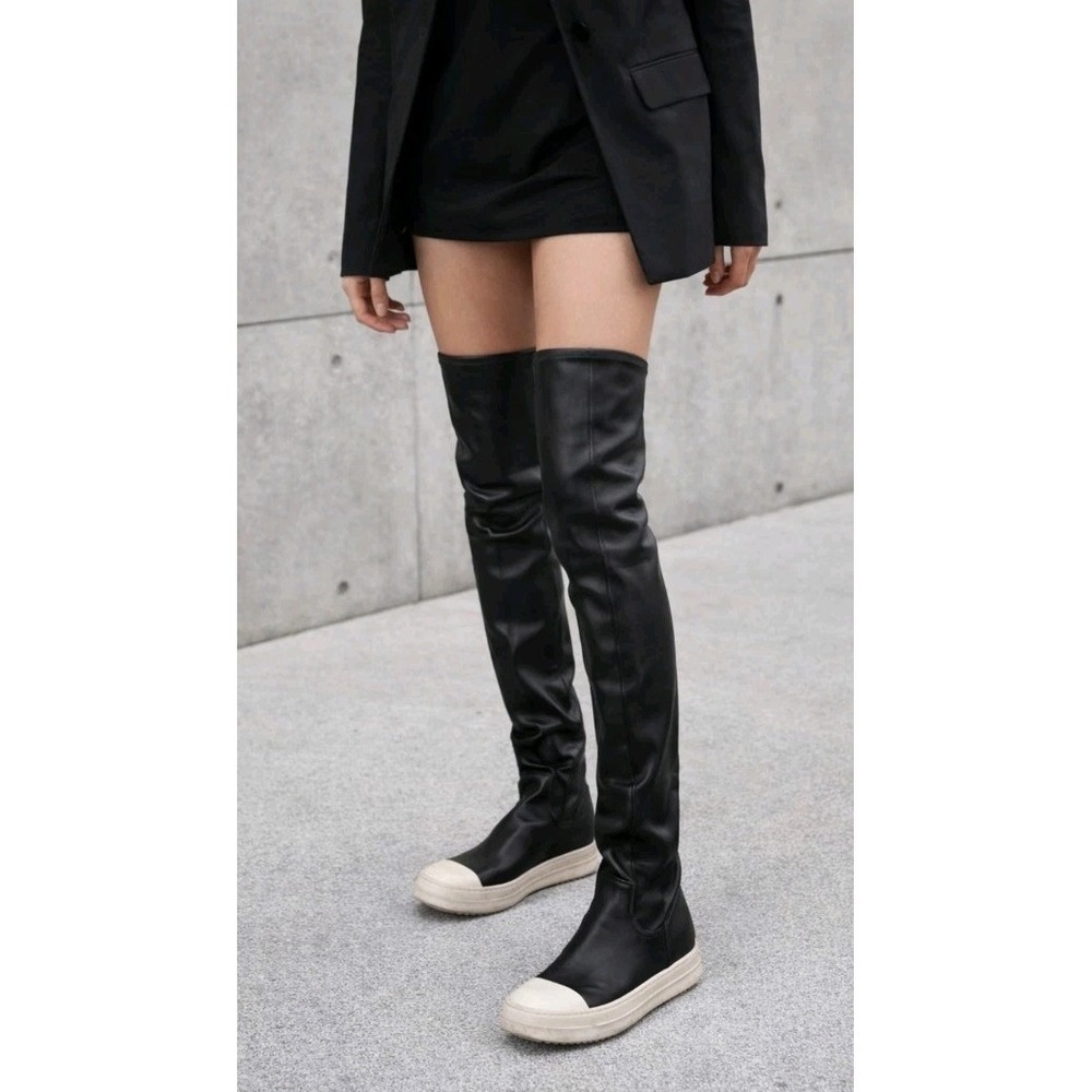 Rick Owens Boots Shoes Womens Size 9 Black Leather Over Knee Sock Cap Toe Flat